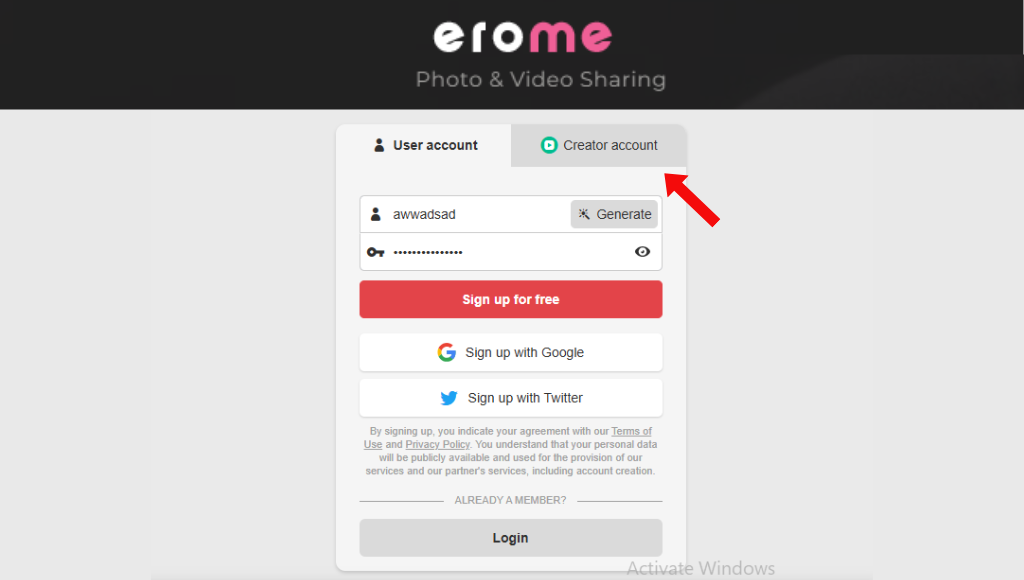 Click "Sign Up" on the homepage. Choose Creators account